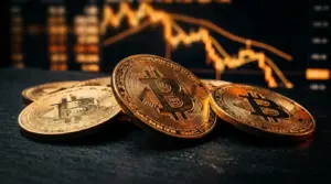 Bitcoin coins in dramatic lighting with downward trending market data visualization in background