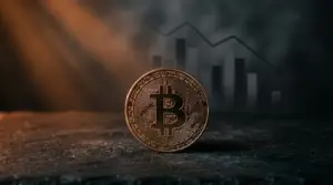 Bitcoin coin in shadow with fading orange light representing weakening spot demand and market retreat