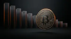 Bitcoin coin with declining volume bars in dramatic lighting showing market uncertainty