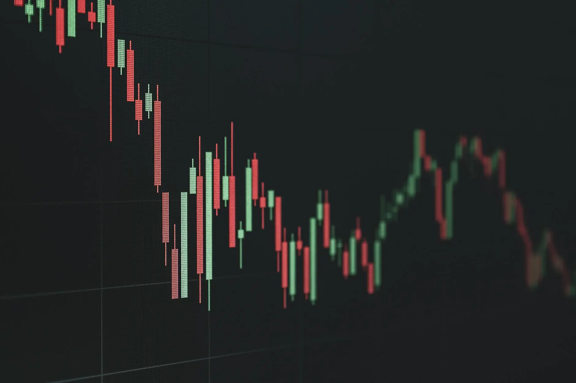 Bitcoin price candlestick chart showing fluctuations in green and red bars.