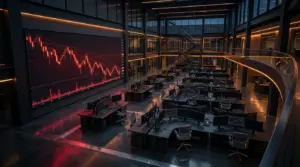 Dark modern trading floor with amber lighting and descending Bitcoin price charts on display