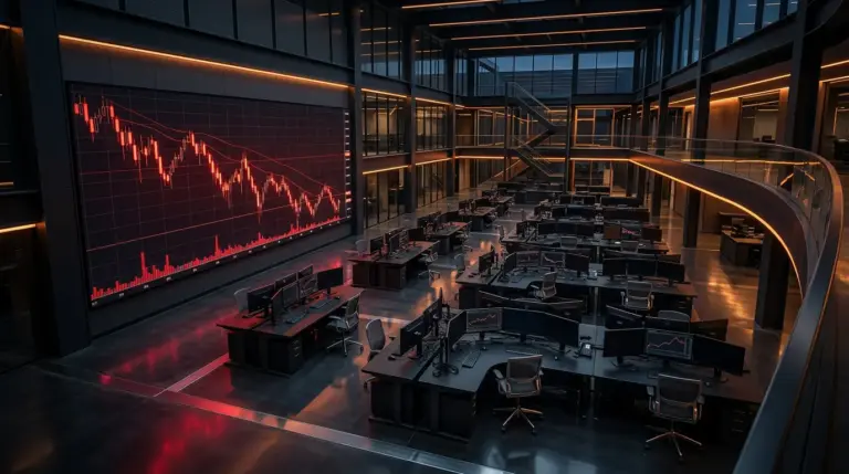 Dark modern trading floor with amber lighting and descending Bitcoin price charts on display