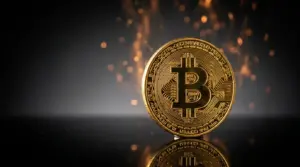 Golden Bitcoin coin with dramatic lighting on dark background symbolizing price surge
