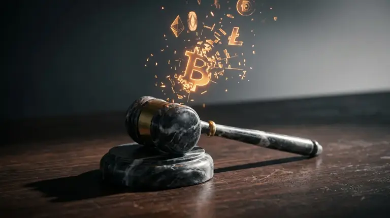 Judicial gavel with dissolving cryptocurrency symbols representing CFTC regulatory reversal
