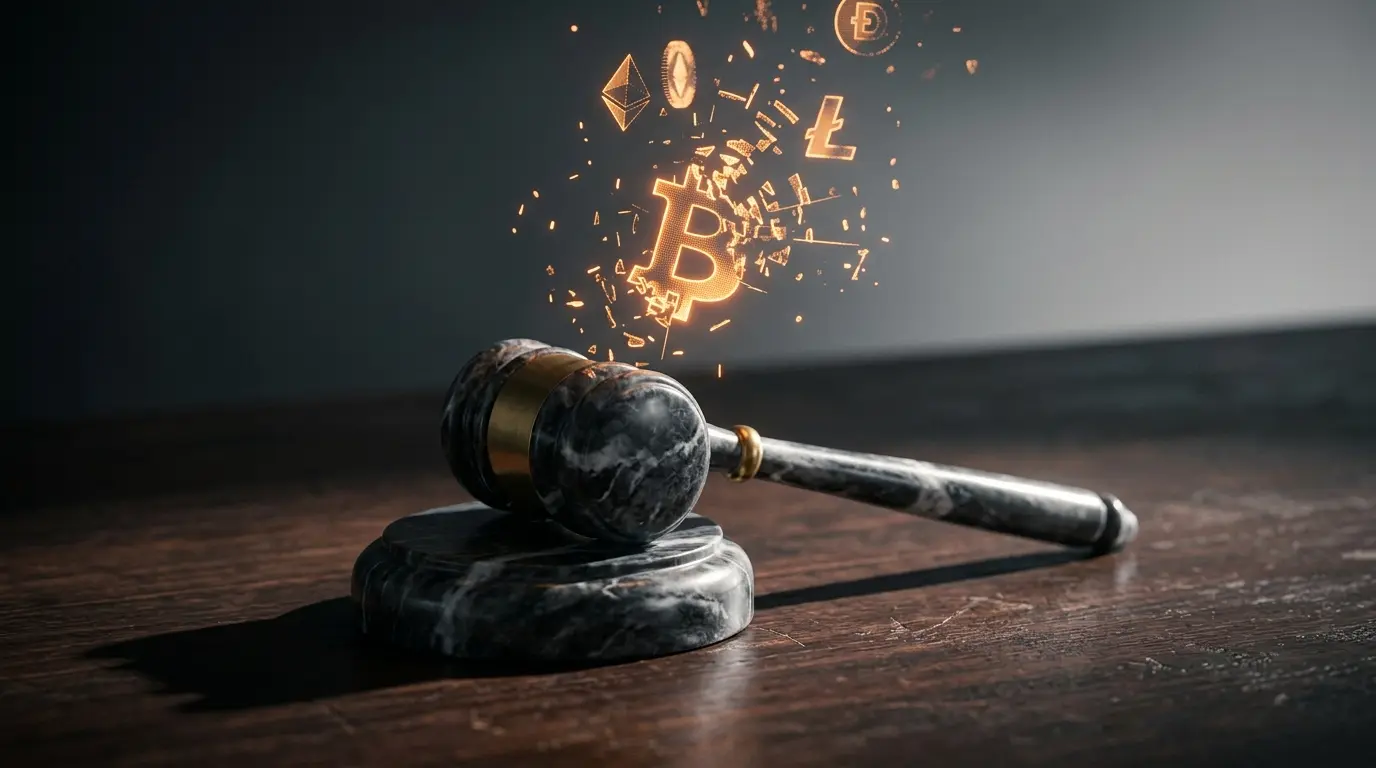 Judicial gavel with dissolving cryptocurrency symbols representing CFTC regulatory reversal
