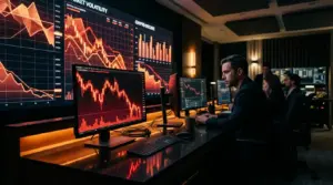 Dark trading terminal showing red crypto market crash charts with dramatic orange accent lighting