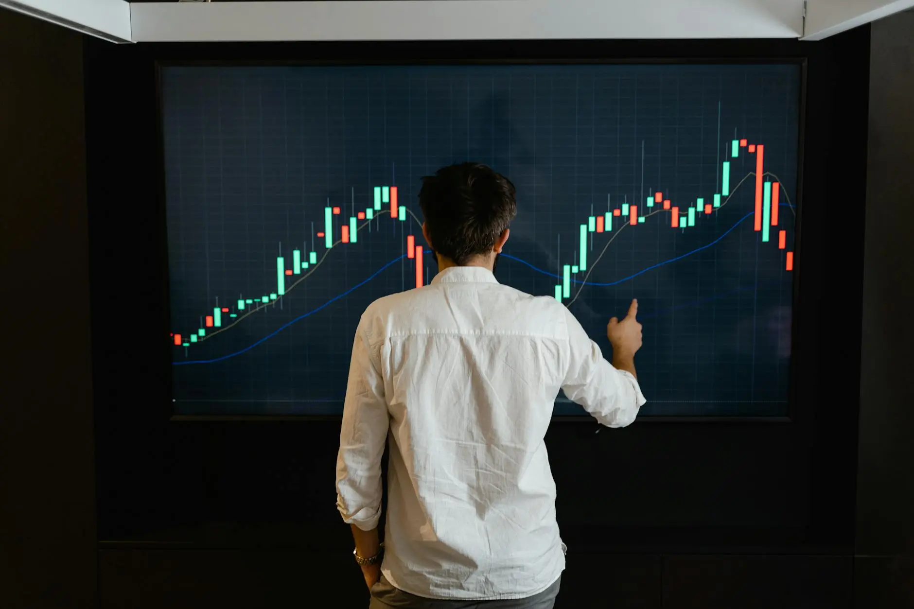 Person analyzing market charts on a large screen with candlestick graph patterns.