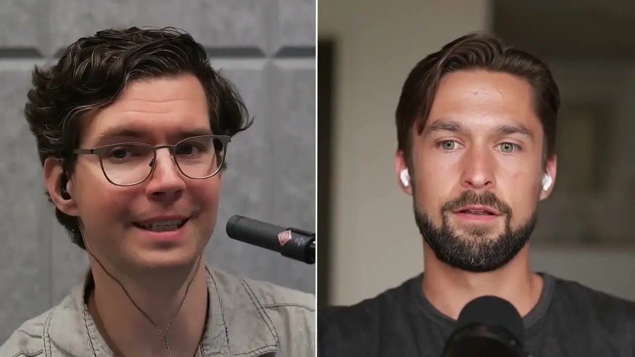 Two men with headsets speaking in a podcast setting.