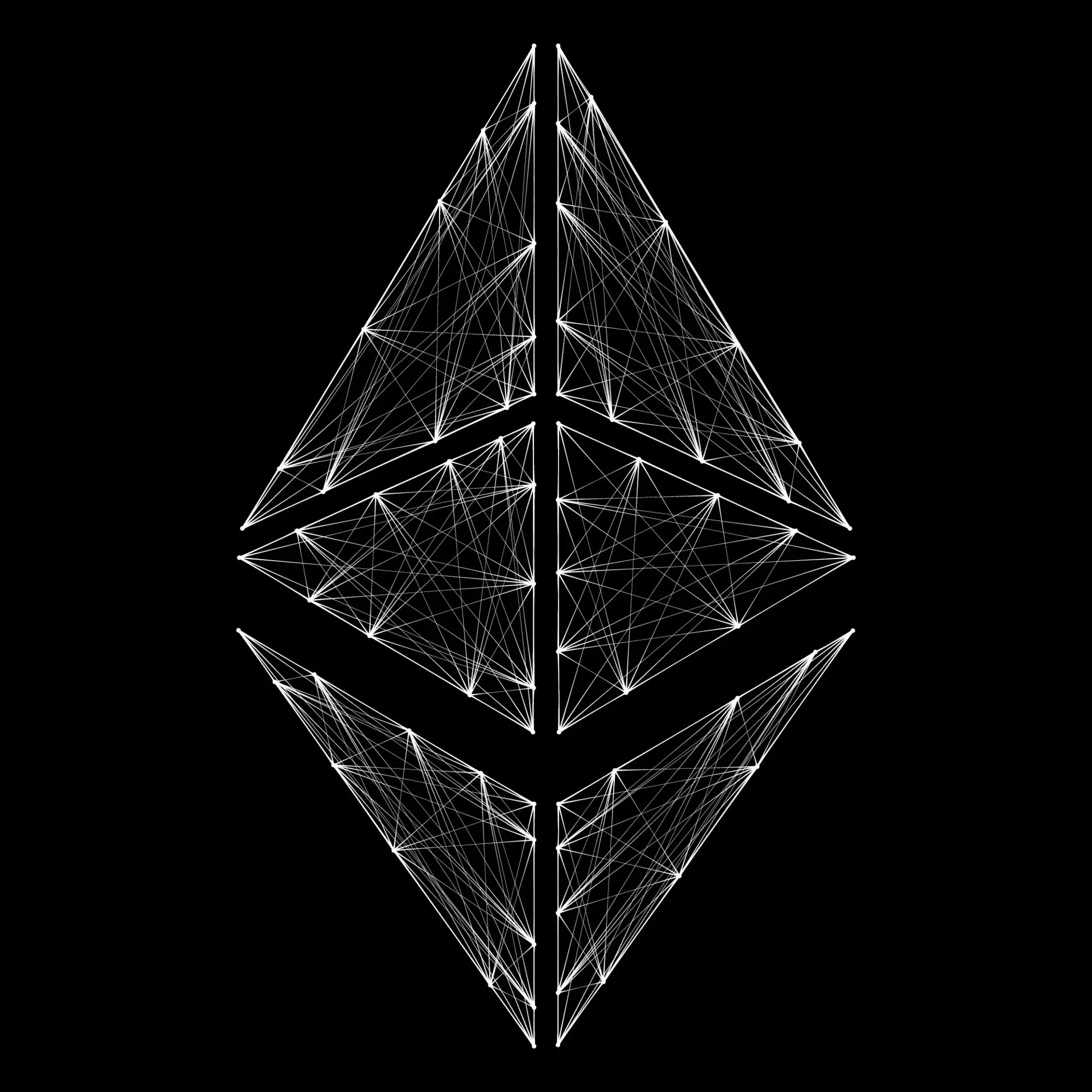 Ethereum token symbol represented with a geometric wireframe design on a black background.
