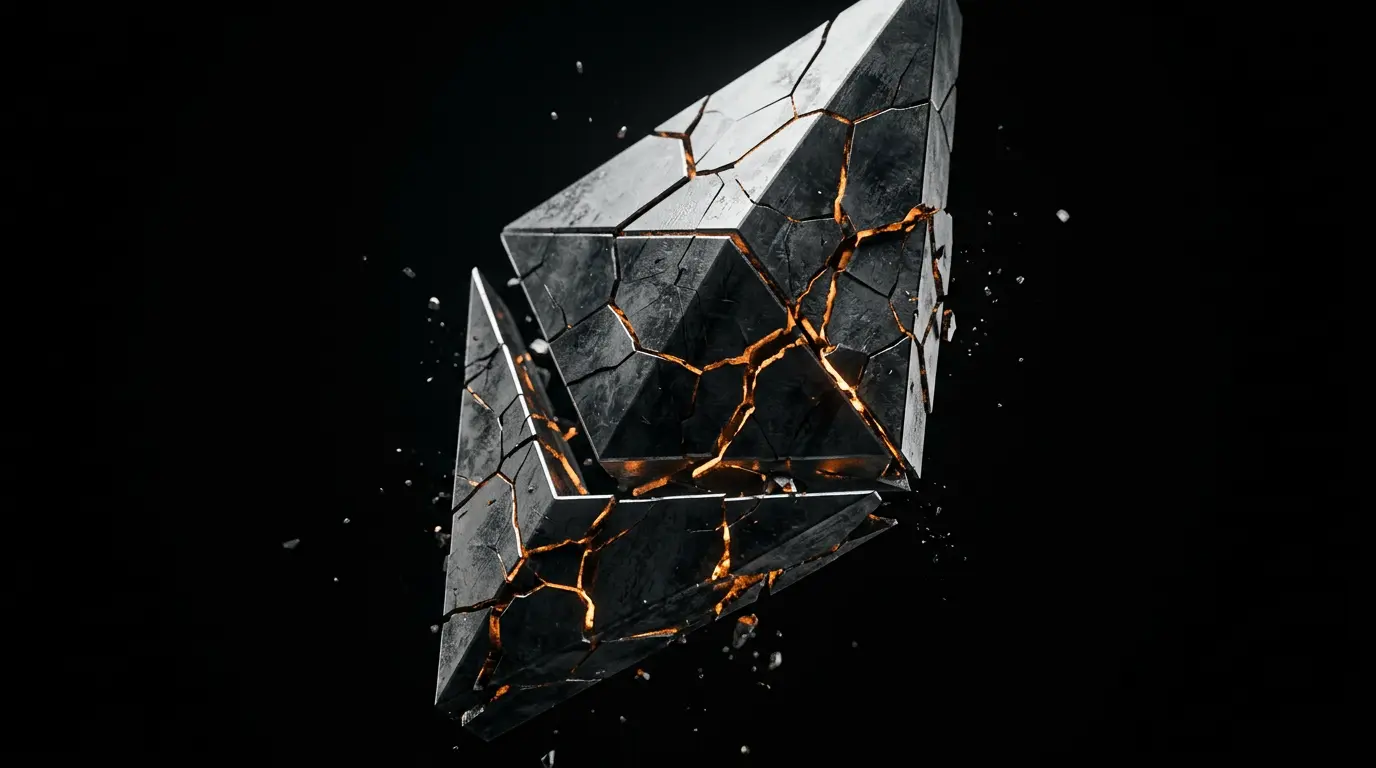 Fractured Ethereum coin showing structural breakdown against dark background with orange accent lighting