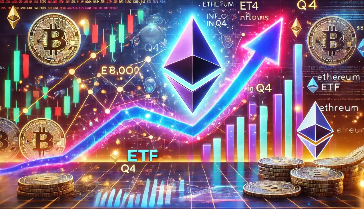 Graph displaying Ethereum ETF trends with coins and upward trend arrows.
