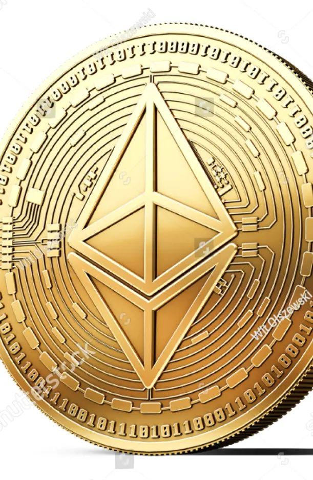 Close-up of a physical Ethereum cryptocurrency coin with digital patterns.