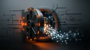 Cryptocurrency vault breach with glowing orange warning lights and digital tokens flowing from compromised security