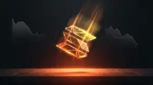 Solana descending toward glowing support level in dark digital finance visualization with orange accents