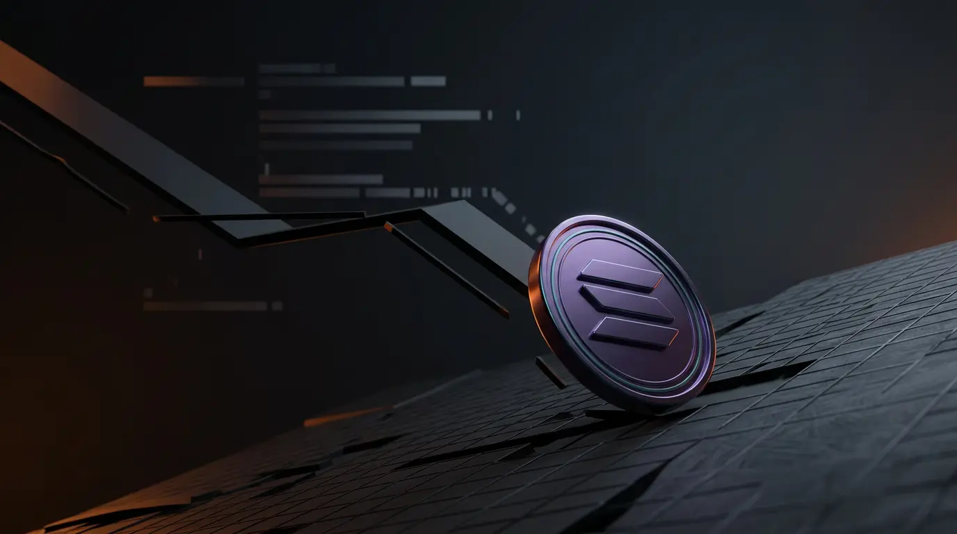 Solana cryptocurrency token descending on dark trading chart with orange accent lighting