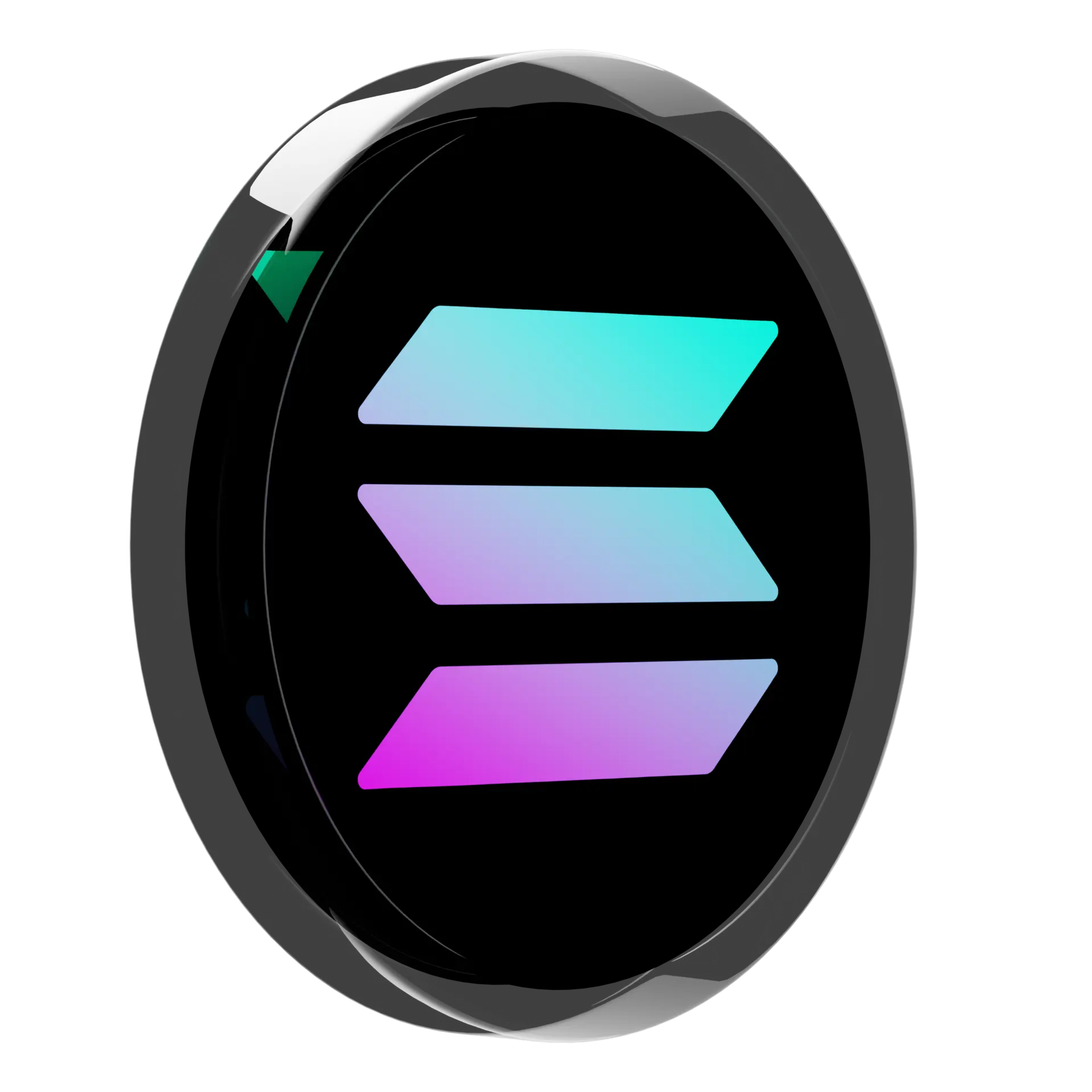 3D rendering of the Solana SOL logo against a black background.