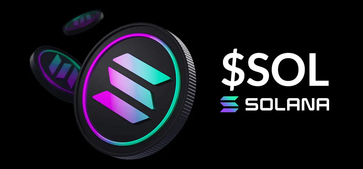 Solana cryptocurrency logo with $SOL and Solana text on a black background.