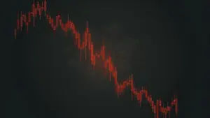 Red downward trending crypto chart with semiconductor elements dissolving in dark digital trading environment