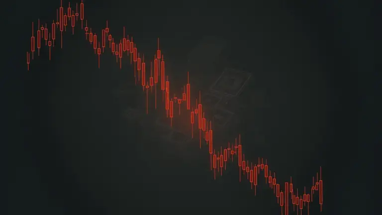 Red downward trending crypto chart with semiconductor elements dissolving in dark digital trading environment