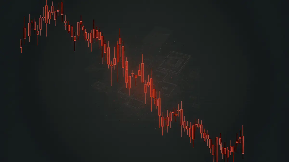Red downward trending crypto chart with semiconductor elements dissolving in dark digital trading environment