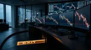 Trading desk with glowing screens and illuminated exit path symbolizing crypto fund liquidation