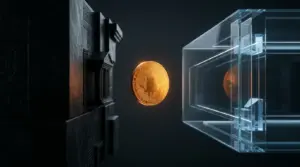 Gold coin suspended between black banking wall and glass digital platform representing stablecoin yield loophole