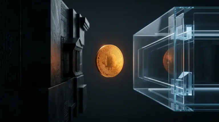 Gold coin suspended between black banking wall and glass digital platform representing stablecoin yield loophole