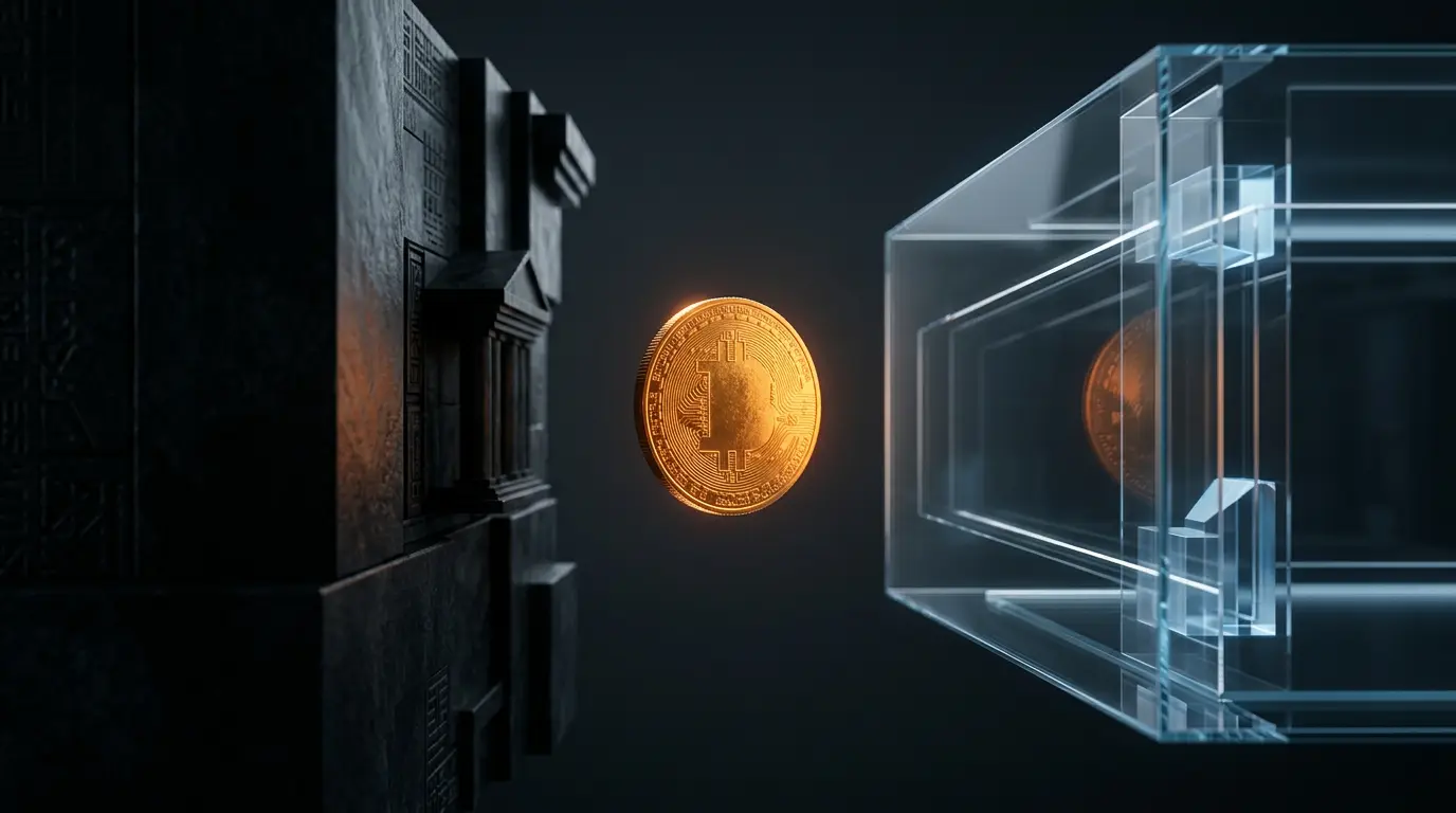 Gold coin suspended between black banking wall and glass digital platform representing stablecoin yield loophole
