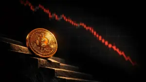 Bitcoin coin rolling down steep slope with dark financial chart background showing market decline