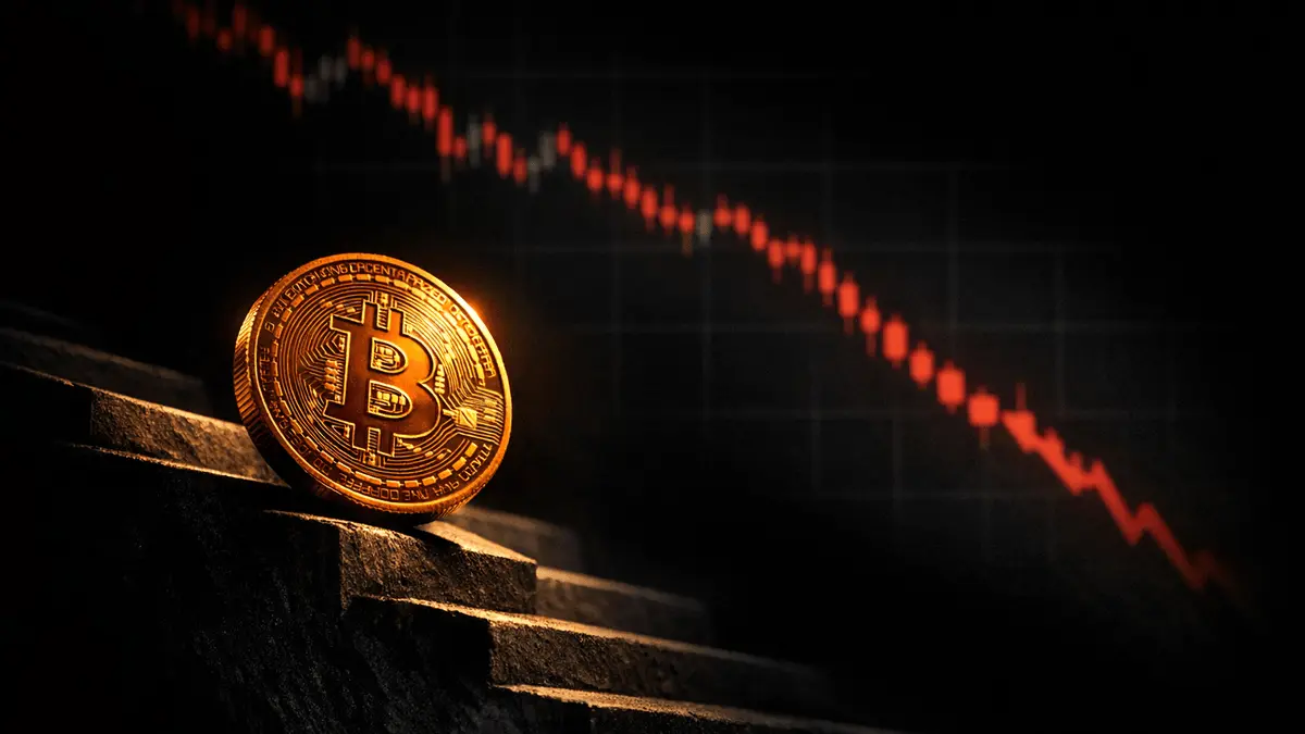 Bitcoin coin rolling down steep slope with dark financial chart background showing market decline