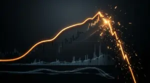 Broken Bitcoin logarithmic trendline visualization showing dramatic market breakdown on dark chart background