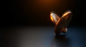 Bitcoin coin falling through dark space with dramatic orange lighting showing market decline and fear