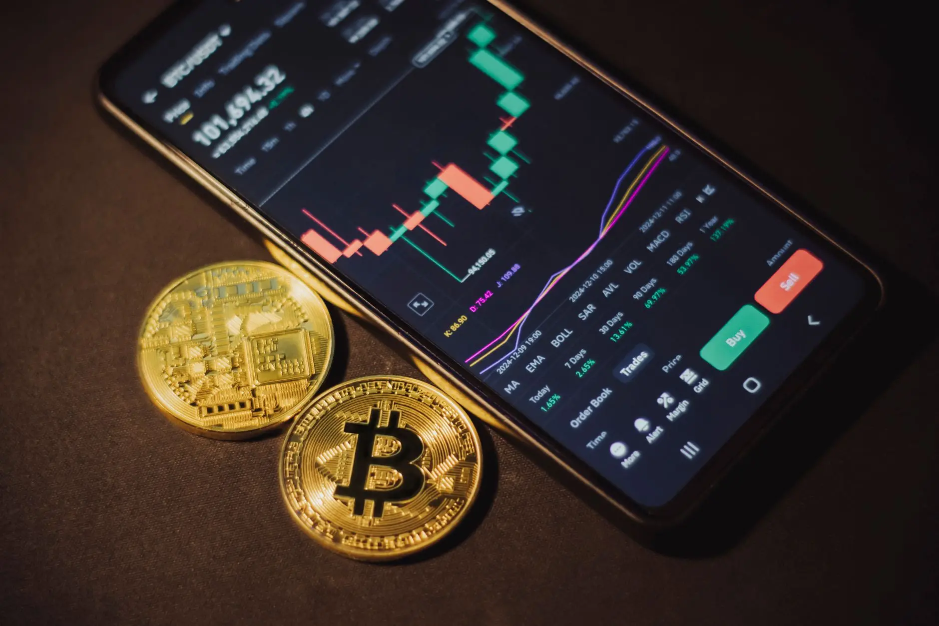 Bitcoin cryptocurrency chart showing a green bull trend with two gold coins.