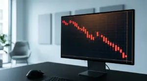 Bitcoin price chart showing dramatic ETF outflows and declining market trends on trading terminal