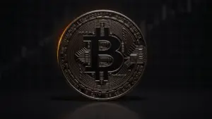 Bitcoin coin descending on dark surface with golden lighting representing $59K support test