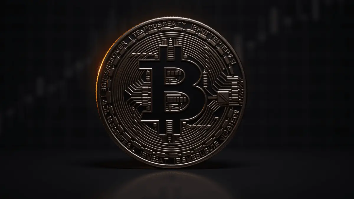 Bitcoin coin descending on dark surface with golden lighting representing $59K support test