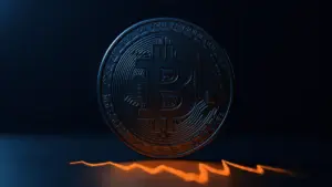 Bitcoin coin on dark surface with downward market chart glow in orange light