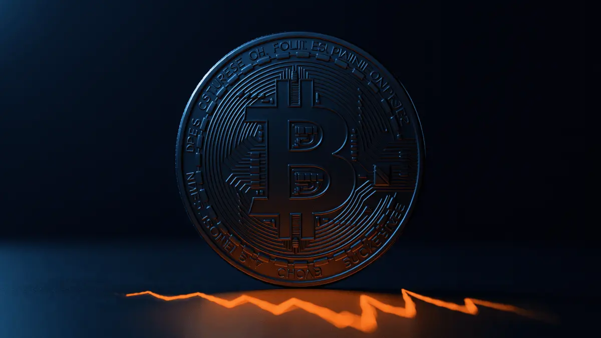 Bitcoin coin on dark surface with downward market chart glow in orange light
