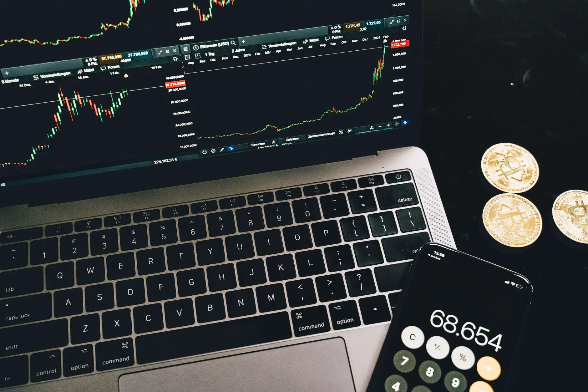 A calculator displaying 68,654 next to a laptop showing cryptocurrency charts and bitcoin coins.