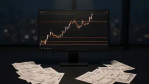 Bitcoin put options trading desk with descending price chart and contract documents showing downside strike levels