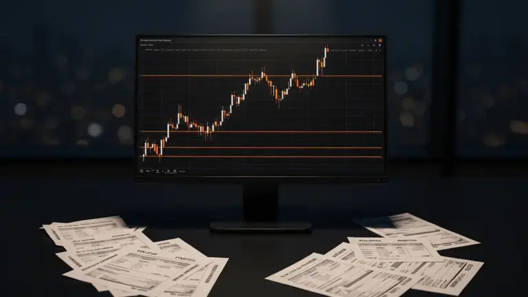 Bitcoin put options trading desk with descending price chart and contract documents showing downside strike levels