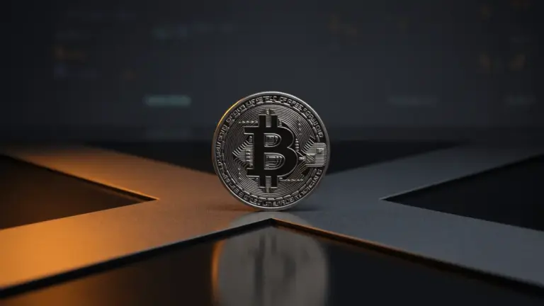 Bitcoin at crossroads with diverging paths of light and shadow representing market uncertainty