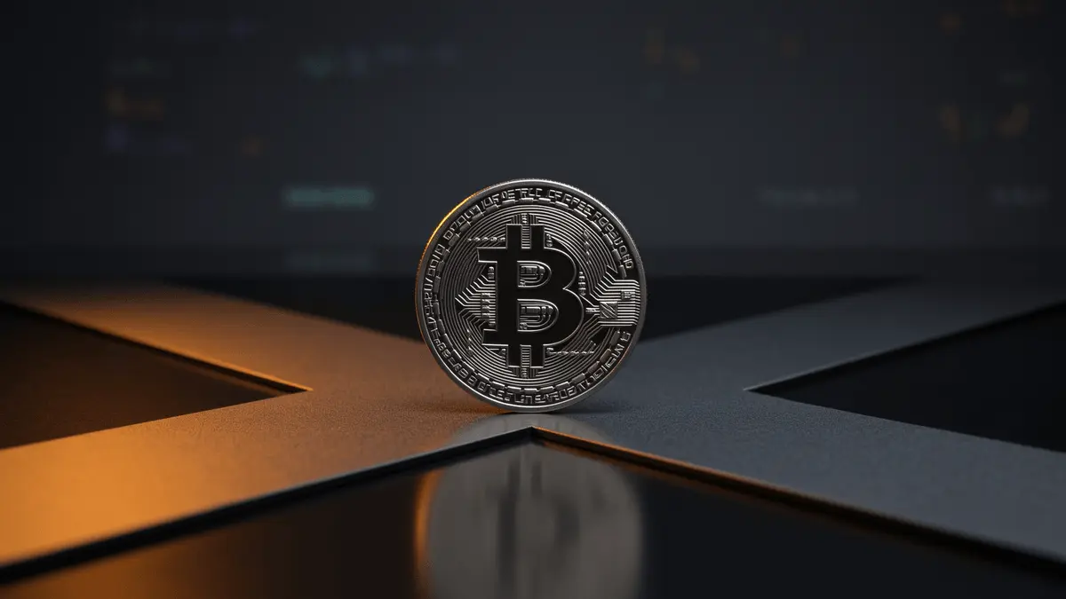 Bitcoin at crossroads with diverging paths of light and shadow representing market uncertainty
