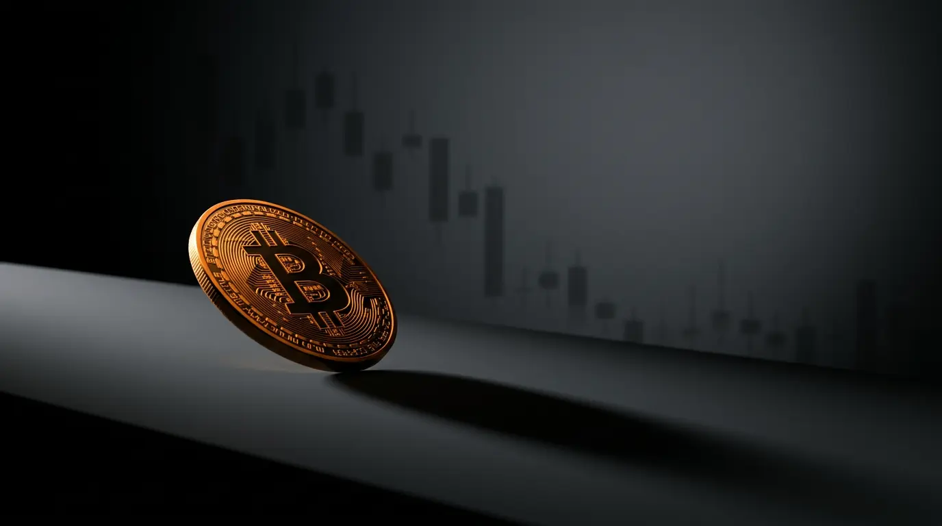 Bitcoin coin sliding downward on dark surface symbolizing market decline and institutional outflows