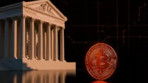 Federal Reserve building with Bitcoin coin and digital network backdrop representing monetary policy impact