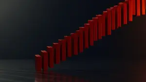 Downward red candlestick chart showing Bitcoin price decline and market liquidation pressure