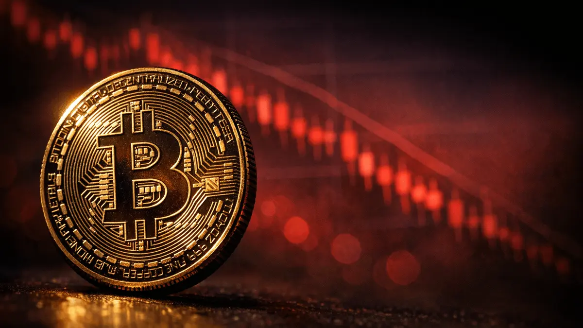 Bitcoin coin in sharp focus against blurred red background suggesting market decline and volatility