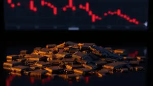 Semiconductor chips with orange lighting on black surface with declining market chart in background