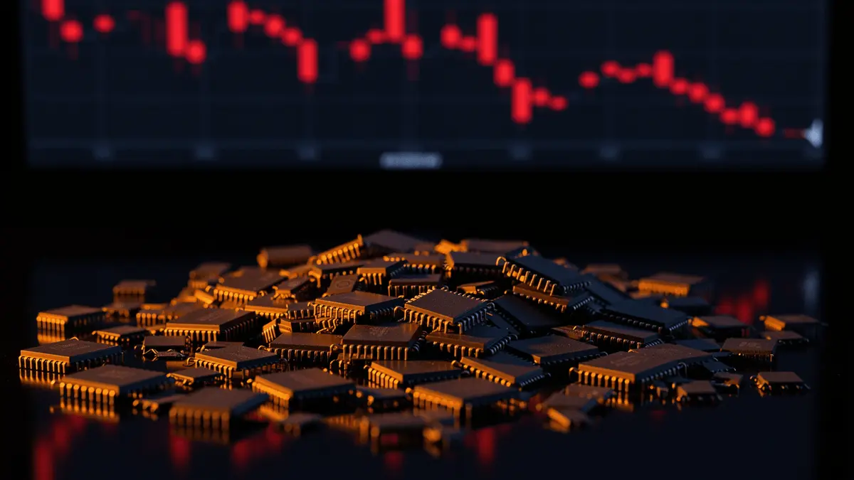 Semiconductor chips with orange lighting on black surface with declining market chart in background