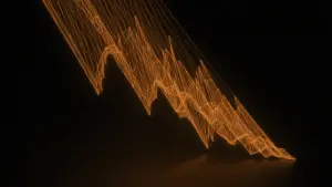 Bitcoin price chart showing dramatic 50% decline with glowing orange wireframe against dark background